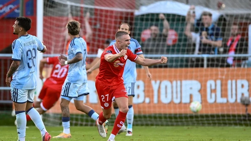 13 August 2026; Evan Caffrey of Shelbourne celebrates after scoring his side's first goal during the UEFA Conference League Third Qualifying Round second leg match between Shelbourne and Ajax at Tolka Park in Dublin. Photo by Stephen McCarthy/Sportsfile